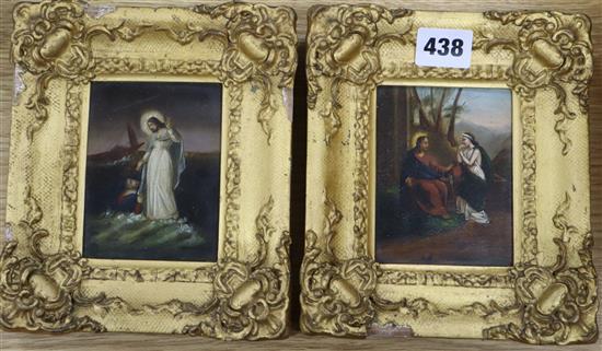German School, pair of oils on zinc, religious scenes, 10 x 7.5cm.